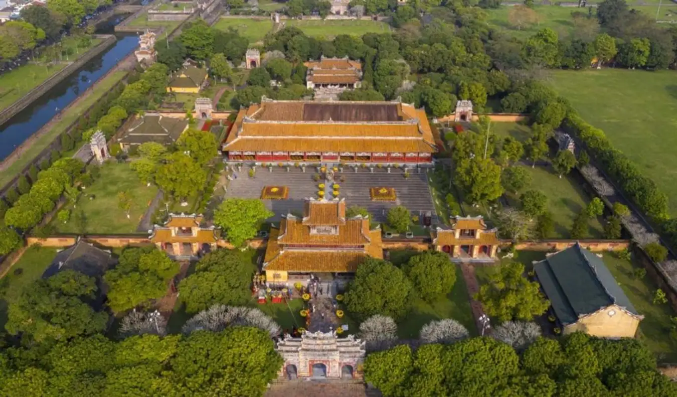 Aerial view of Hue’s royal citadel complex along the Perfume River at sunrise