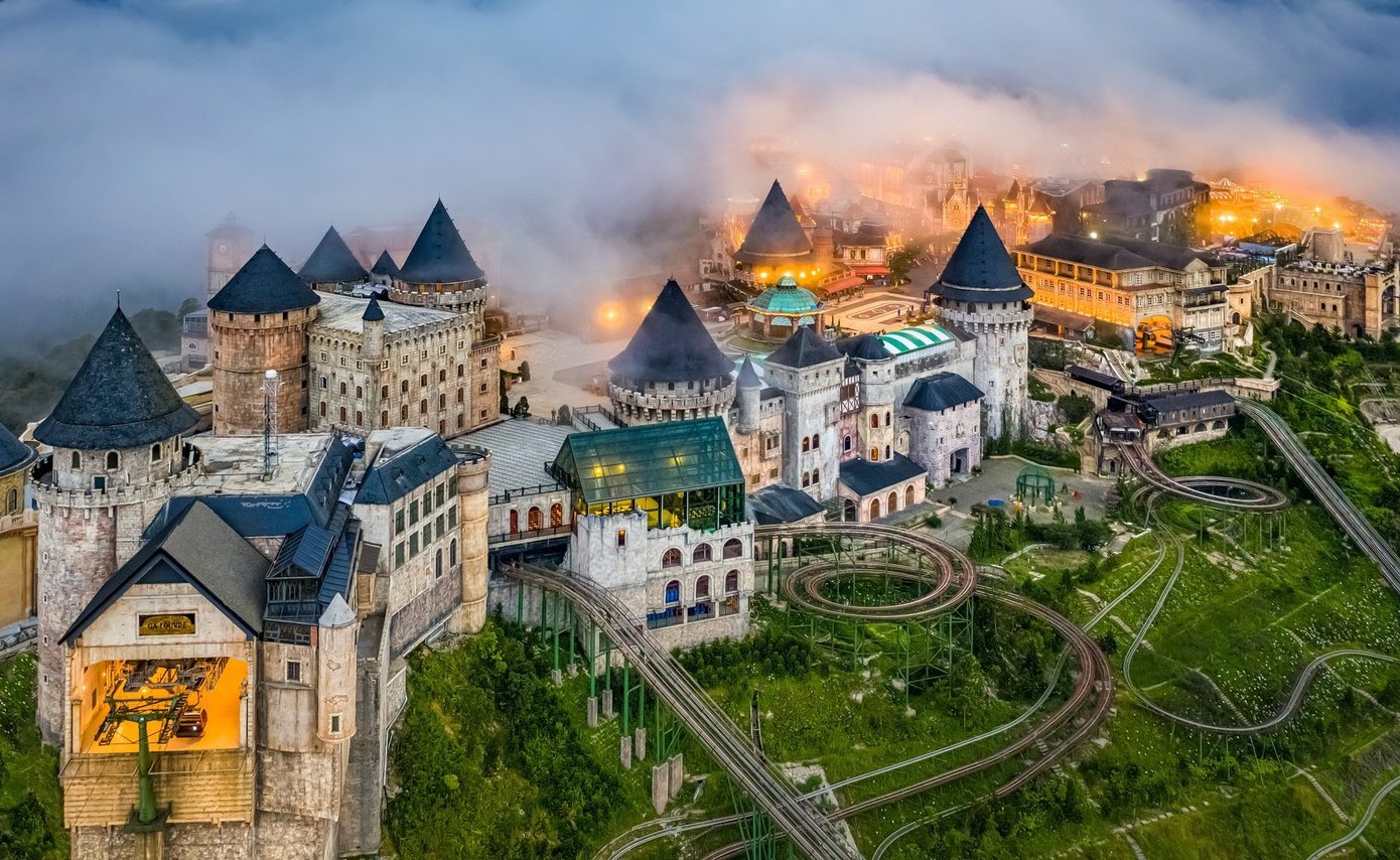 European-style square in a mountain setting