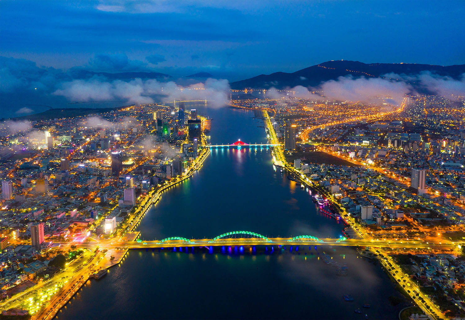Panoramic view of Da Nang city skyline with Han River and coastline