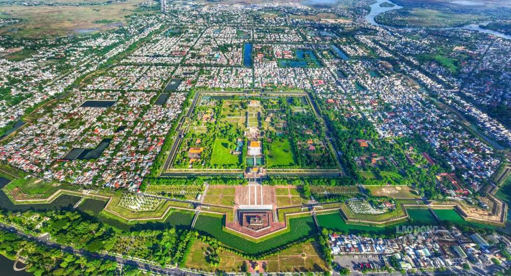 Panoramic view of Hue city with the Perfume River and ancient citadel