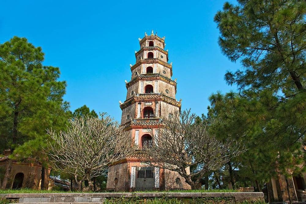 Seven-story Phuoc Duyen Tower rising above the temple grounds