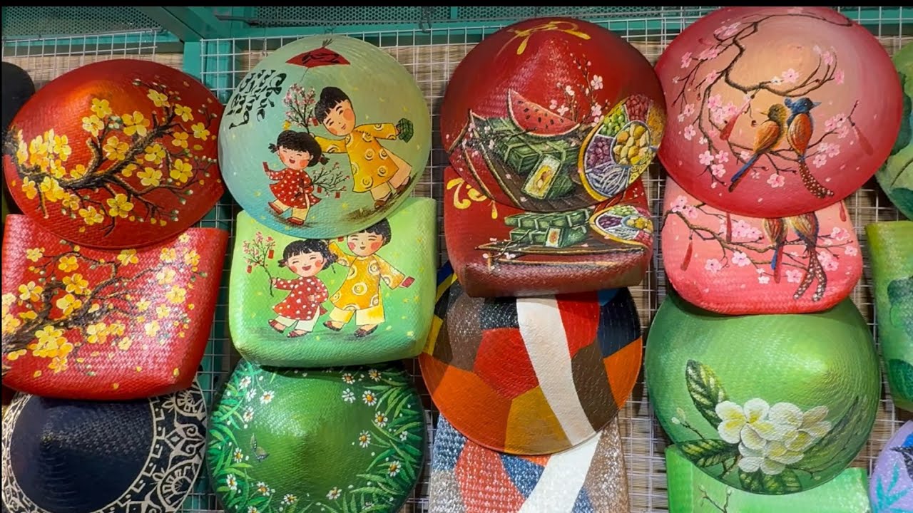 Traditional Vietnamese conical hats displayed at a market stall